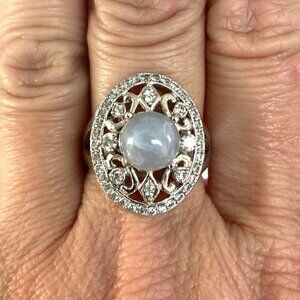 Sterling Silver 925 CFJ Round Moonstone Cabochon Oval Scrollwork Ring Sz 7.75